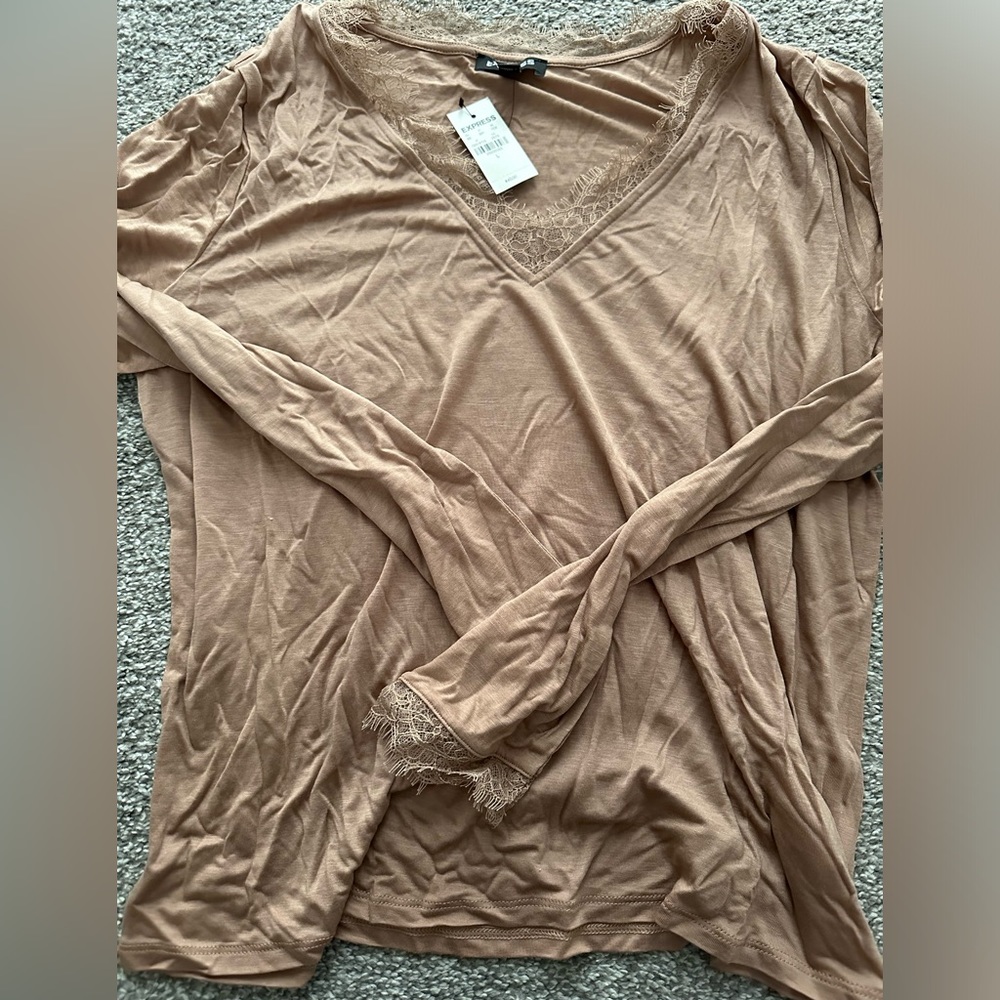 NWT Beige Cotton Top with Lace Detail